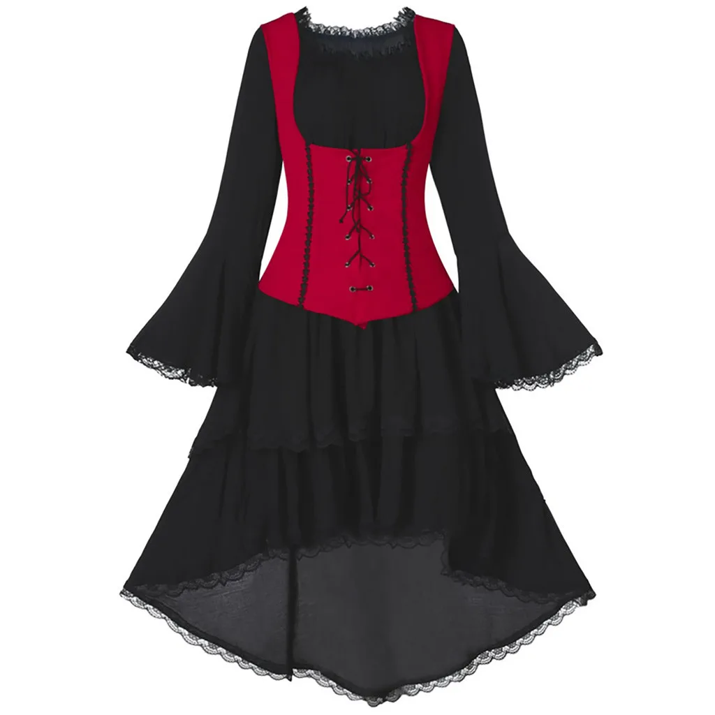 Women Plus Size Pleated Dress Gothic Punk Two-piece Butterfly FlareSleeve Female Lace Vintage Evening Party Mid-Calf | Женская одежда