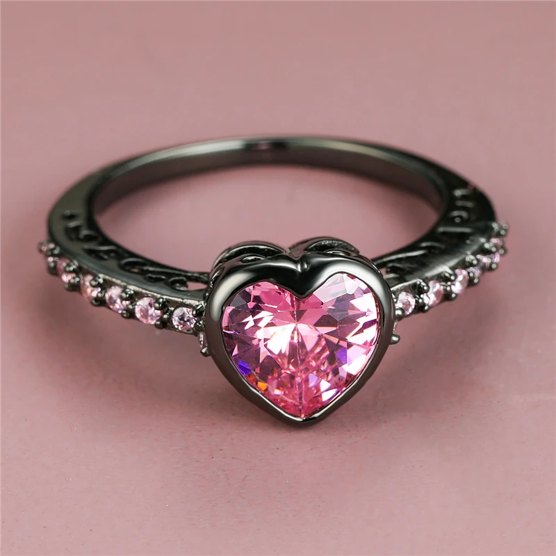 

Charm Female Pink Zircon Stone Ring Dainty 14KT Black Gold Wedding Rings For Women Vintage Love Heart Crystal Engagement Ring