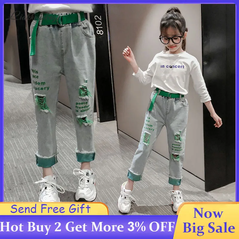 Джинсы для девочек 3 13 лет модные эластичные штаны карандаш из денима с дырками