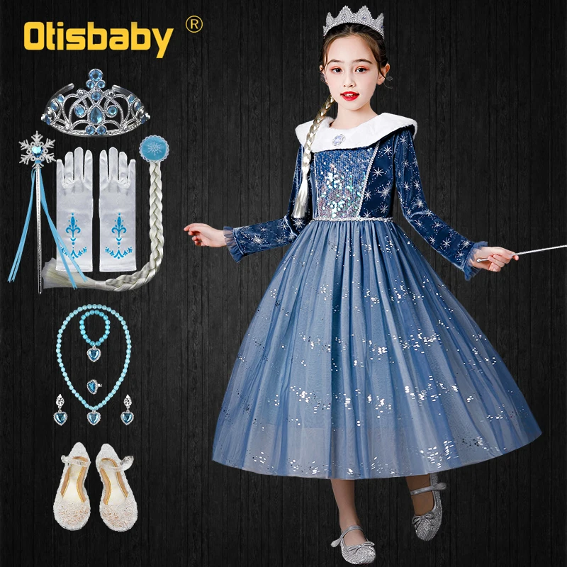 

2022 NEW Fantasia Fancy Girl Snow Queen Elsa 2 Dress Kids Velvet Shining Sequin Christmas Child Birthday Party Snowflake Dress