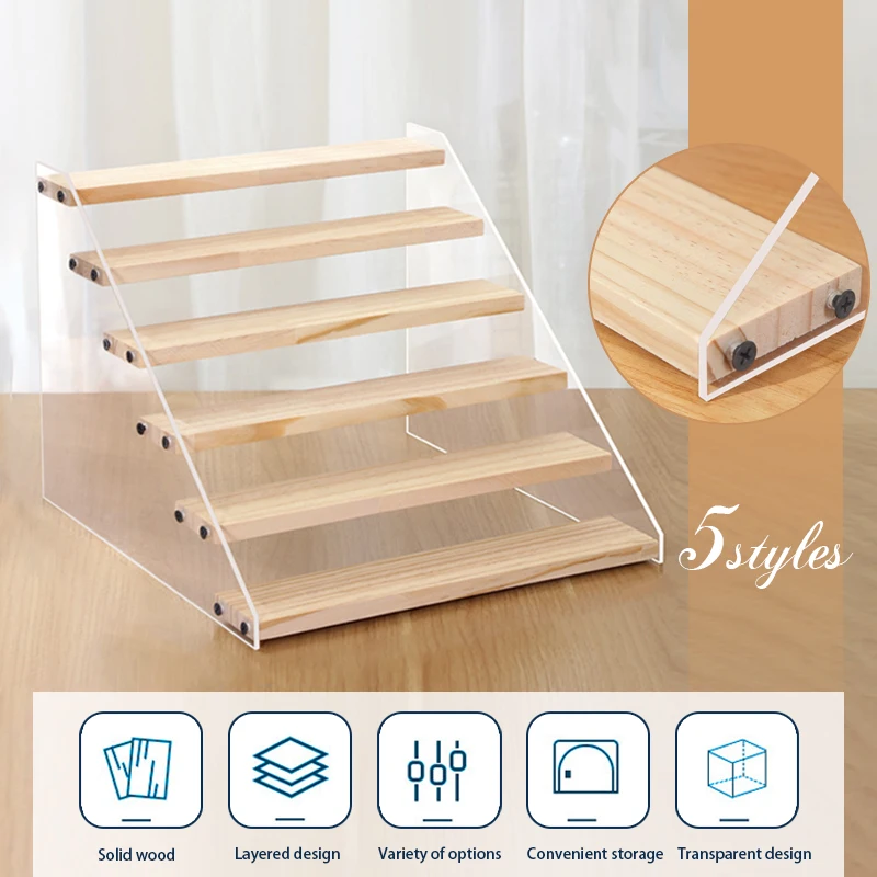 

Acrylic Display Rack Glasses Cosmetic Doll Figure Model Toy Ladder Riser Stand Storage Showcase Jewelry Wooden Shelf Holder