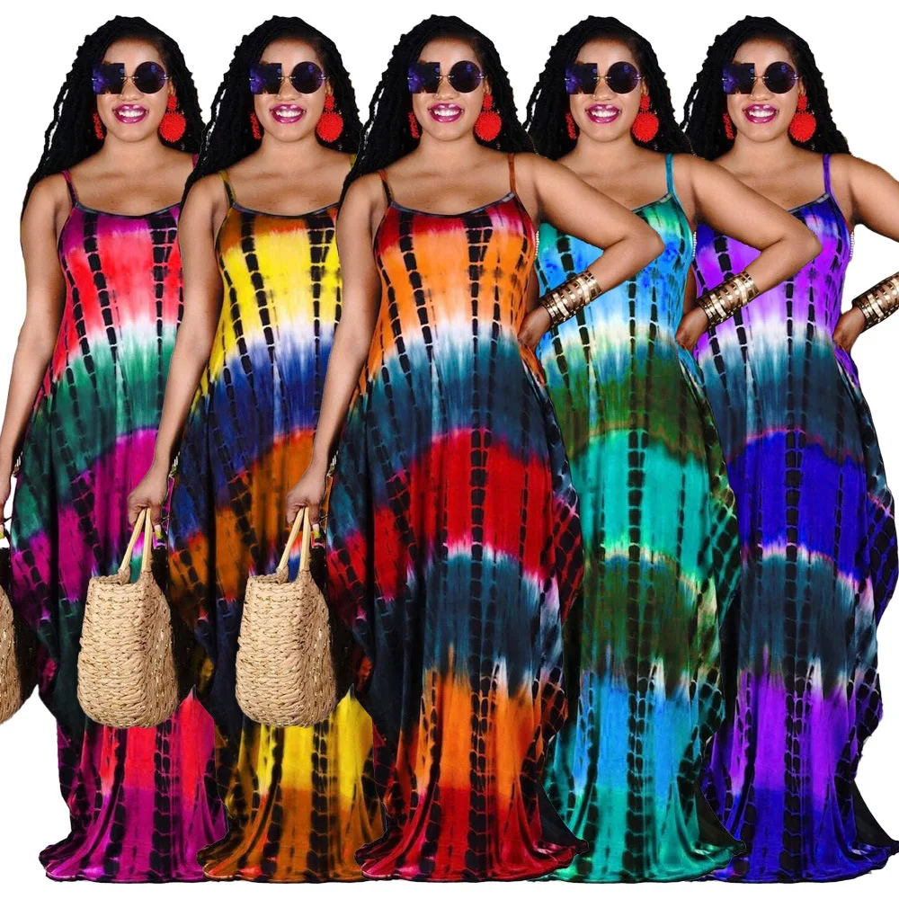 

Echoine Sleeveless Strap Maxi Long Dress Tie Dye Print Dresses Pocket Elegant Sexy Beach Holidays Robe Boho Vintage Vestidos