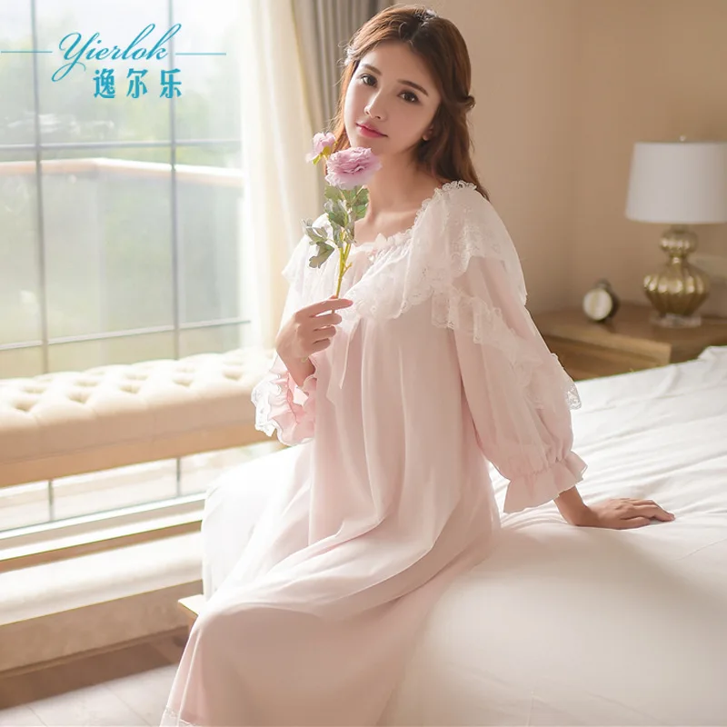 Autumn New Style Cotton Long Sleeve Nightdress Women's Retro Palace Sweet Princess Nightdress Lace Mesh Beautiful Home Clothes