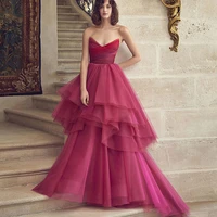fashion v neck tulle tiered evening dress 2022 elegant asymmetrical prom gown pleat robes sexy backless de soir%c3%a9e