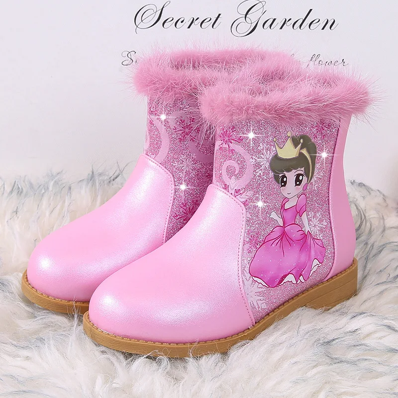

Girls Short Boots 2020 New Fashion Boots Winter Kids Fleece Snow Cotton Boots Princess Winter Shoe Warm Fur Slip-On Round Toe