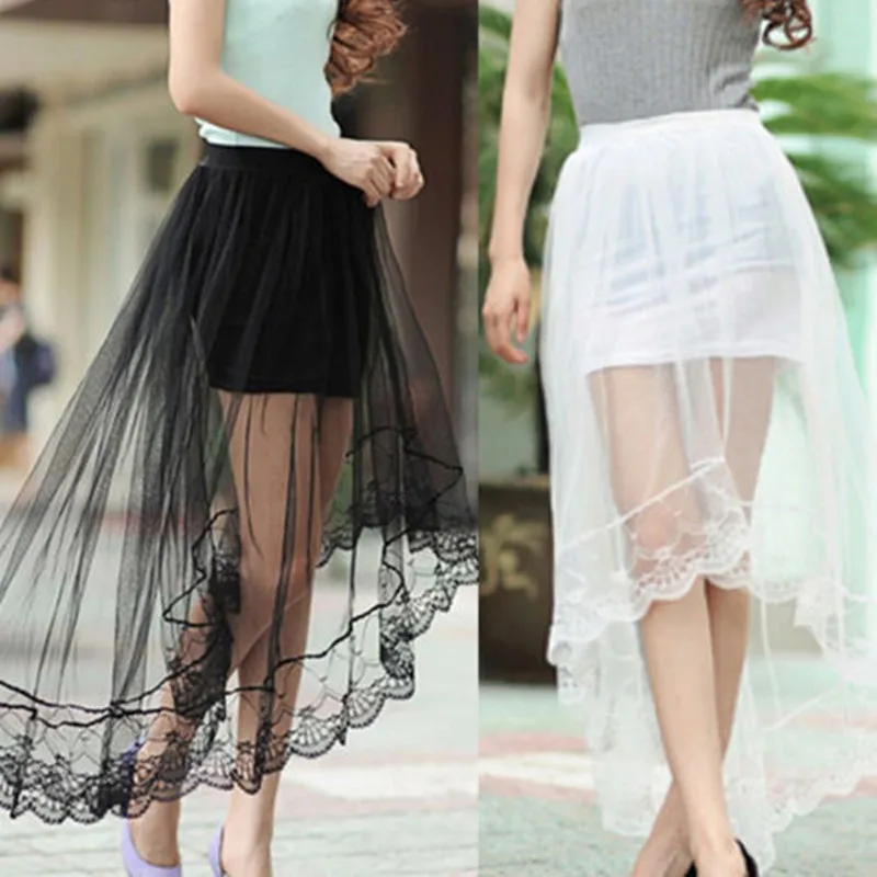 

New Elegant Fashion Women High Waist Elastic Waist Skirt Double Layer Beach Skirts