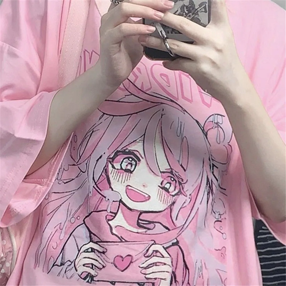 

Cool Half Sleeve Pink Tshirt Streerwear Japan Cartoon Tops Summer Cute Tees Causal Harajuku Oversized Punk Youth T Shirts Males