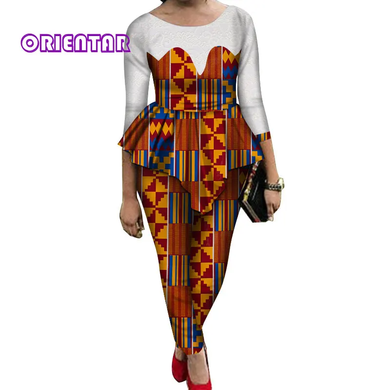 2 Pieces Sets Women African Pants Sets African Wax Print Long Sleeve Lace Tops and Pants Women Bazin Riche African Suits WY689