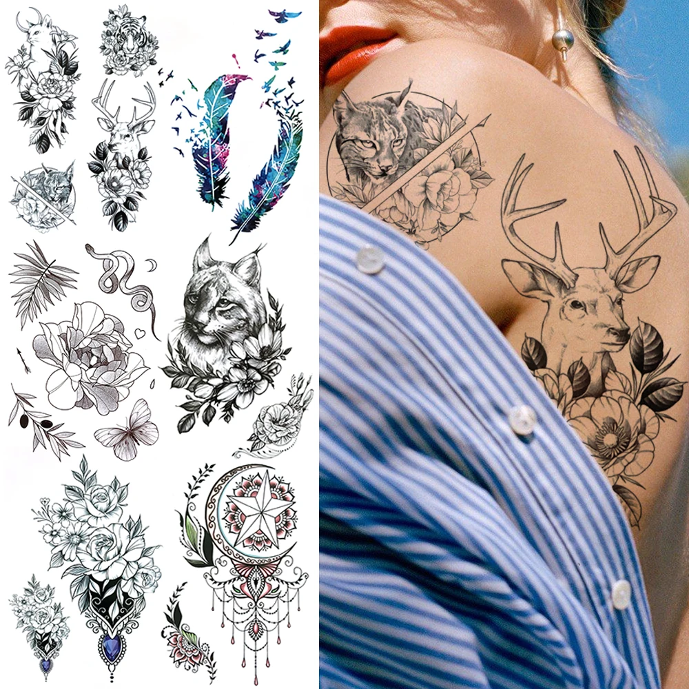 

Сексуальные Временные татуировки с изображением оленя кошки для женщин и девочек, реалистичные перышки, цветок Далии, поддельные ювелирные...