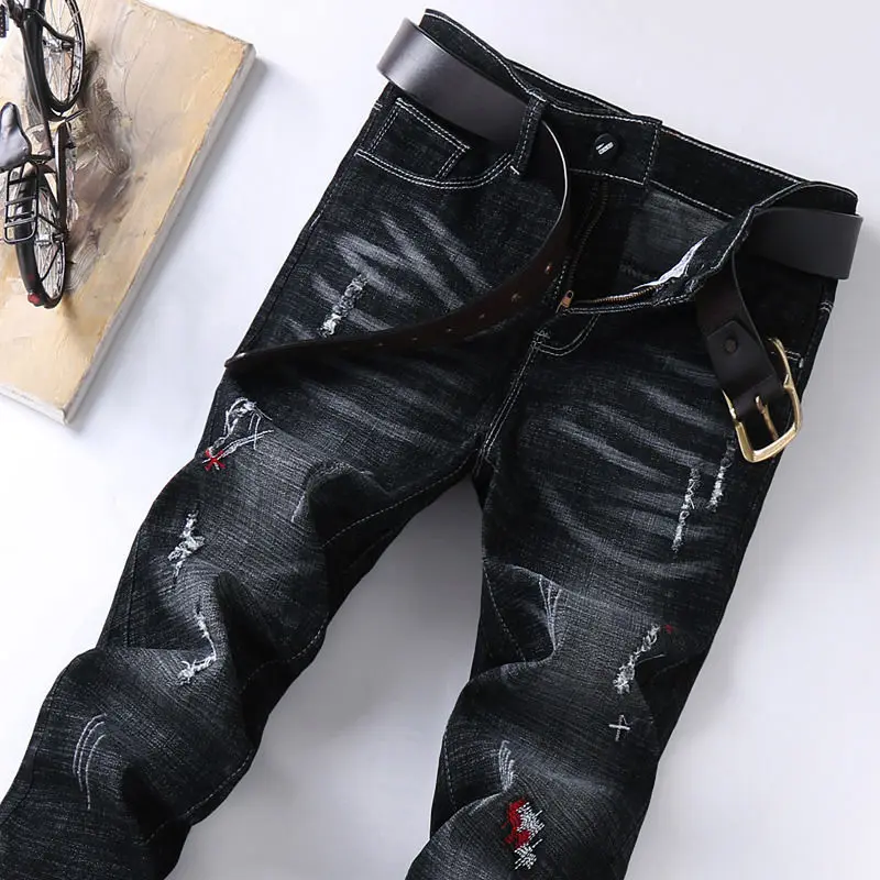 

Summer Thin Jeans Men's Stretch Slim Fit Pants Korean Version Fashion Youth Hole Black Casual Long Pants