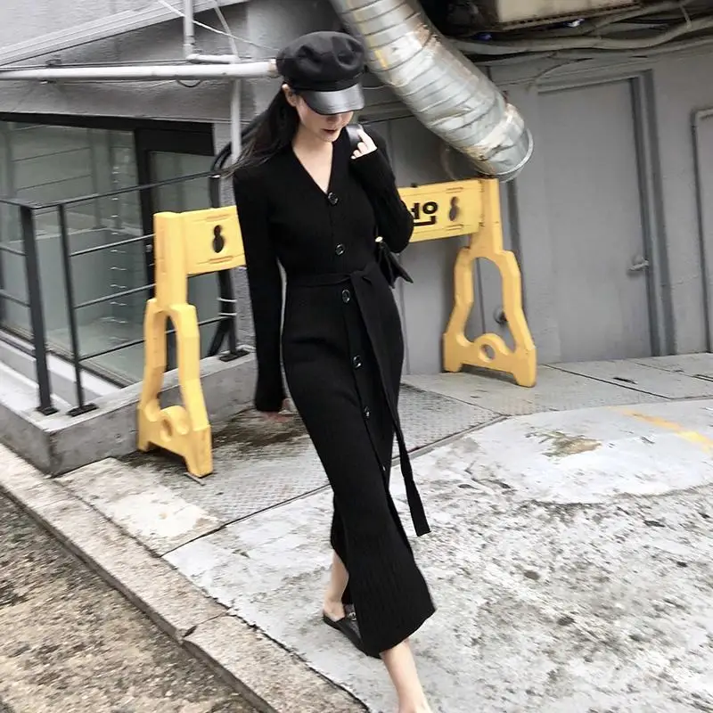 

Long Single Breasted Sweater Women 2020 Autumn Winter Vintage Slim Bottoming Knitted Dress With Belt