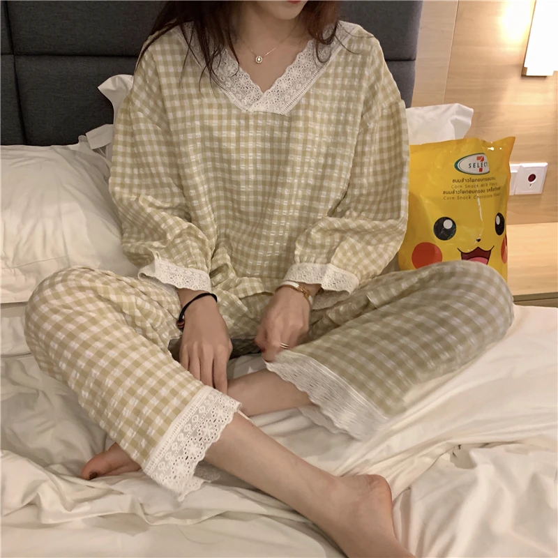 CAIYIER Korean Ulzzang Pink Plaid Print Pajamas Set Lovely V-Neck Girls Nightwear Loose Casual Long Sleeve Winter Homewear Suit