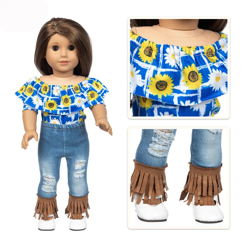 Набор из двух предметов: футболка с изображением подсолнуха и джинсы с кисточками для куклы новорожденного ребенка длиной 43 см (американская кукла Girl 18 дюймов) - аксессуары для одежды.