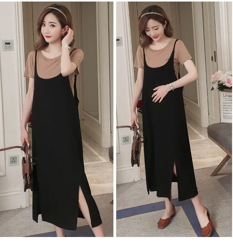 1927# 2PCS/Set Summer Korean Fashion Maternity Long Dress Sexy Sweet Side Splits Sling Dress for Pregnant Women Pregnancy Shirt