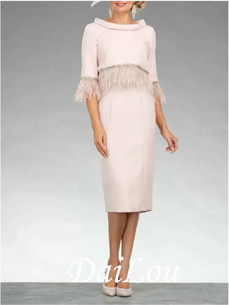 

Sheath / Column Mother of the Bride Dress Elegant Jewel Neck Knee Length Satin Half Sleeve with Sash / Ribbon 2021