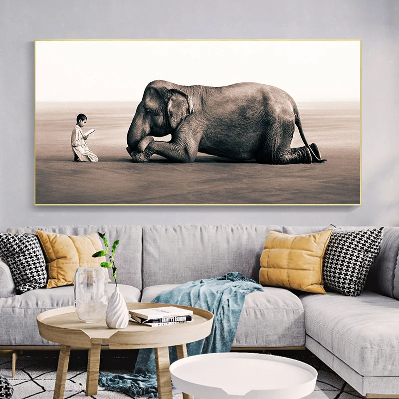 Мальчик читает перед плакат с дизайном слон холст картины черно белые настенные