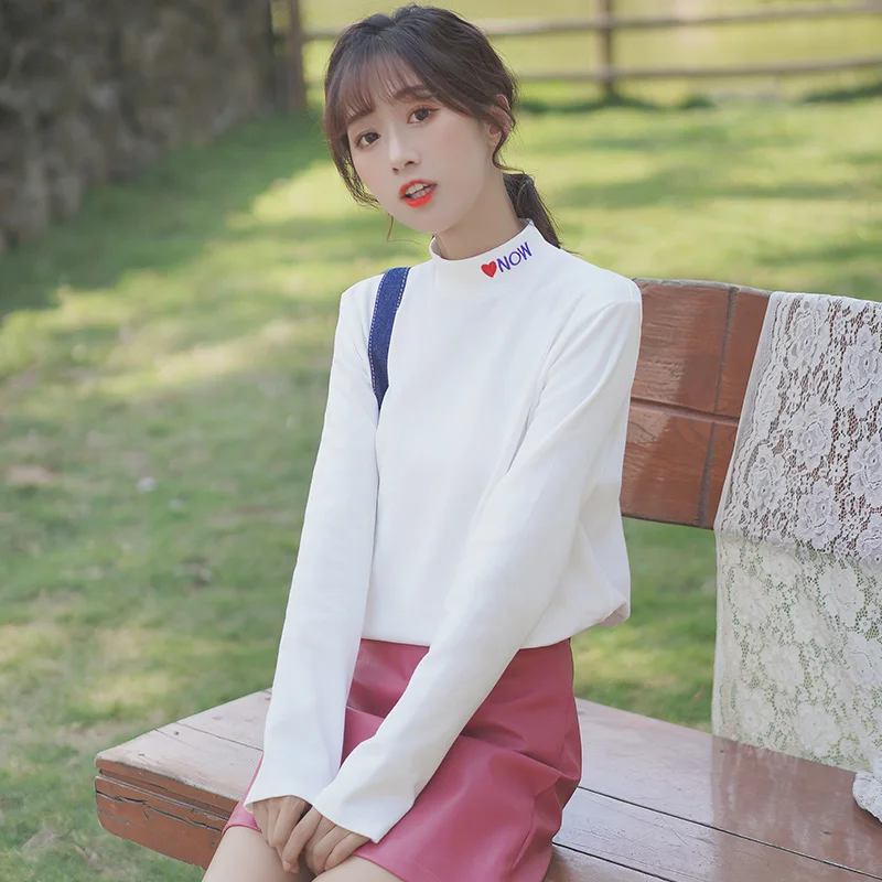 

Chic Khaki 2019 New Autumn and Winter Half-High Collar Bottoming Shirt Women's Long-Sleeved T-shirt Top Alphabet Embroidery