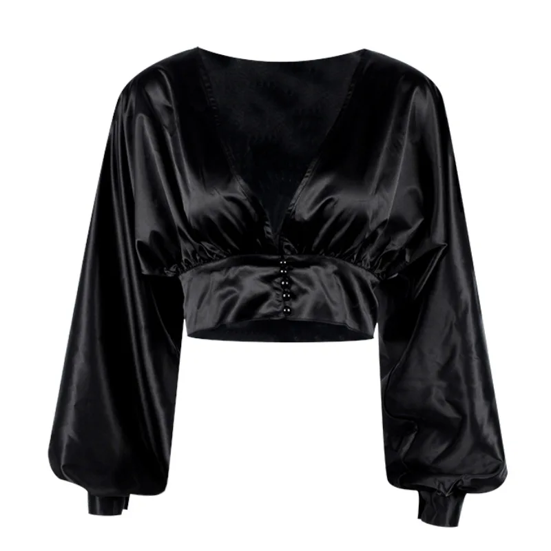 

Spring And Autumn Fashion Women's Sexy V-neck Solid Color Lantern Sleeve Top High Waist T-shirt Women's Clothing