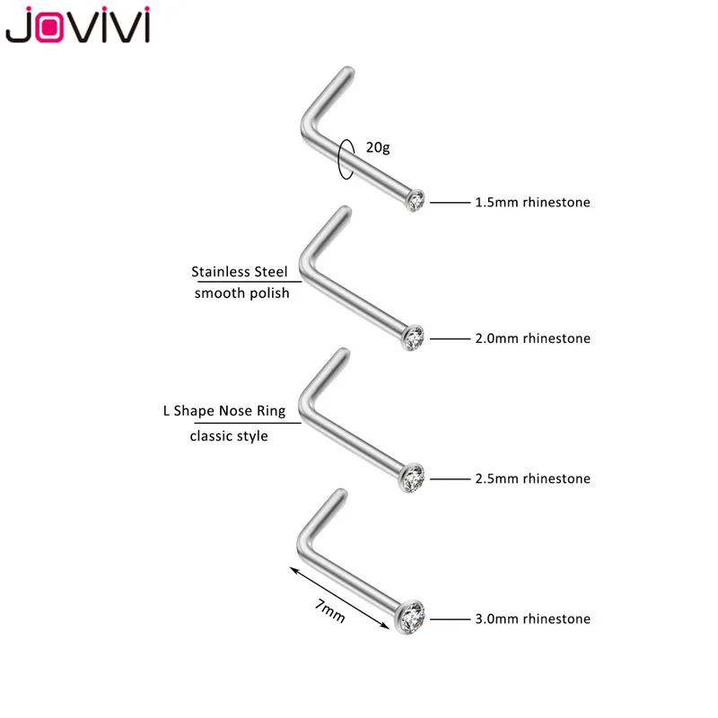 JOVIVI Мода 6 шт. нержавеющая сталь 1,5 мм-3 мм страз 20 г серьги в нос, гвоздики кость ноздрил Pin L форма Бар пирсинг носа ювелирные изделия