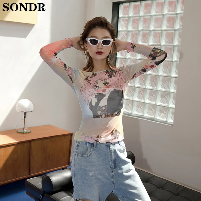 

Осенняя мода 2020, футболка с рисунком, сетчатый топ, женская футболка с длинным рукавом, розовый принт, прозрачный топ, Женская аниме футболка