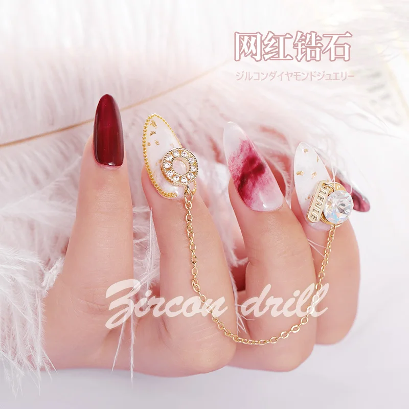 

1PC nail art rhinestones with metal chain japanese style beautiful zircon diamond water drop round nail decorations MZ183