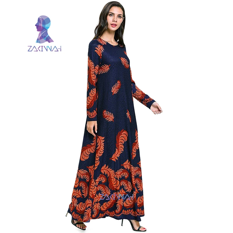 7702 vetement femme 2019 модное платье с длинным рукавом принтом в виде голубых перьев