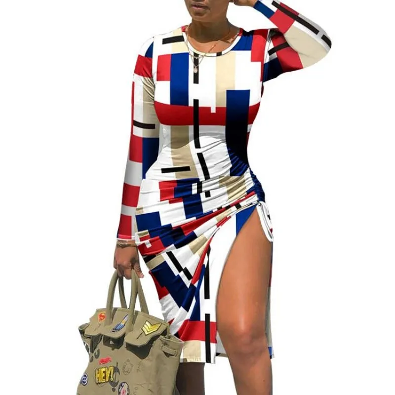 

Обтягивающее Платье с разрезом для женщин, высокая талия, на завязках, длина до колена, платье 2021, модное, цветное, с принтом, уличная одежда, ...