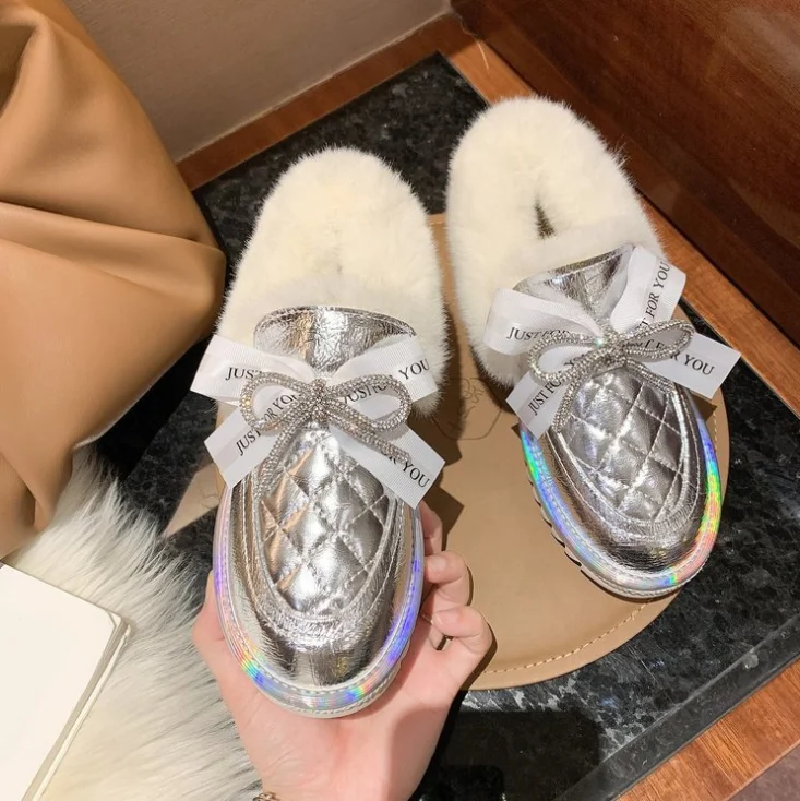 

2020 Silver Crystal Winter Warm Fur Snow Boots Women Lovely Bowtie Thick Plush Ankle Boots Woman Non-slip Platform Shoes Botas