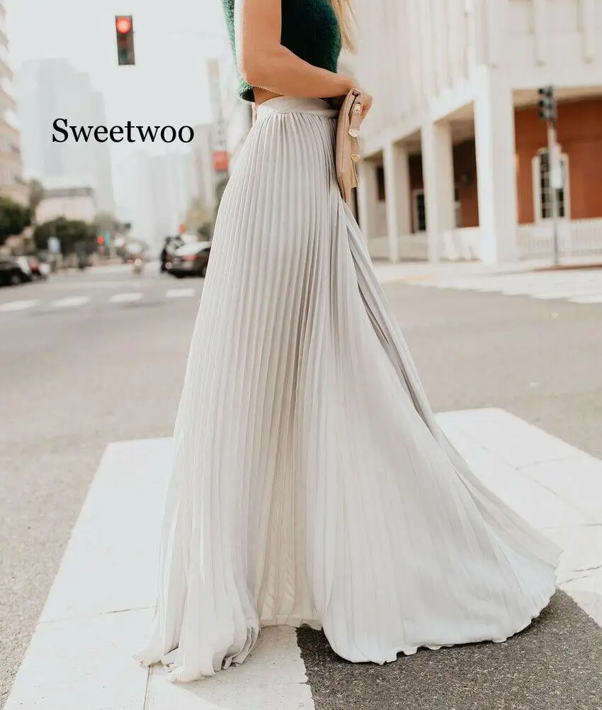 

Fashion Women High Waist Chiffon Skater Flared Pleated Solid Spring Vintage Swing Long Skirt Ladies Elastic Waist Boho