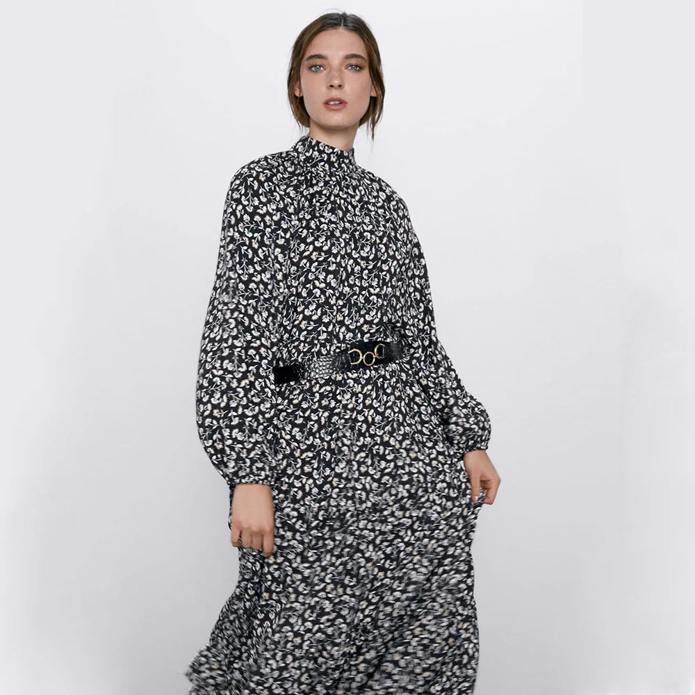 Женское платье с длинным рукавом ZA праздничное круглым вырезом и принтом в