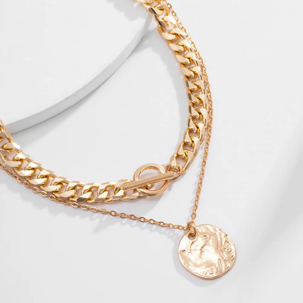 

IngeSight.Z 2Pcs/Set Multi Layered Simple Minimalist Lasso Choker Necklace Statement Carved Coin Pendant Necklaces Women Jewelry