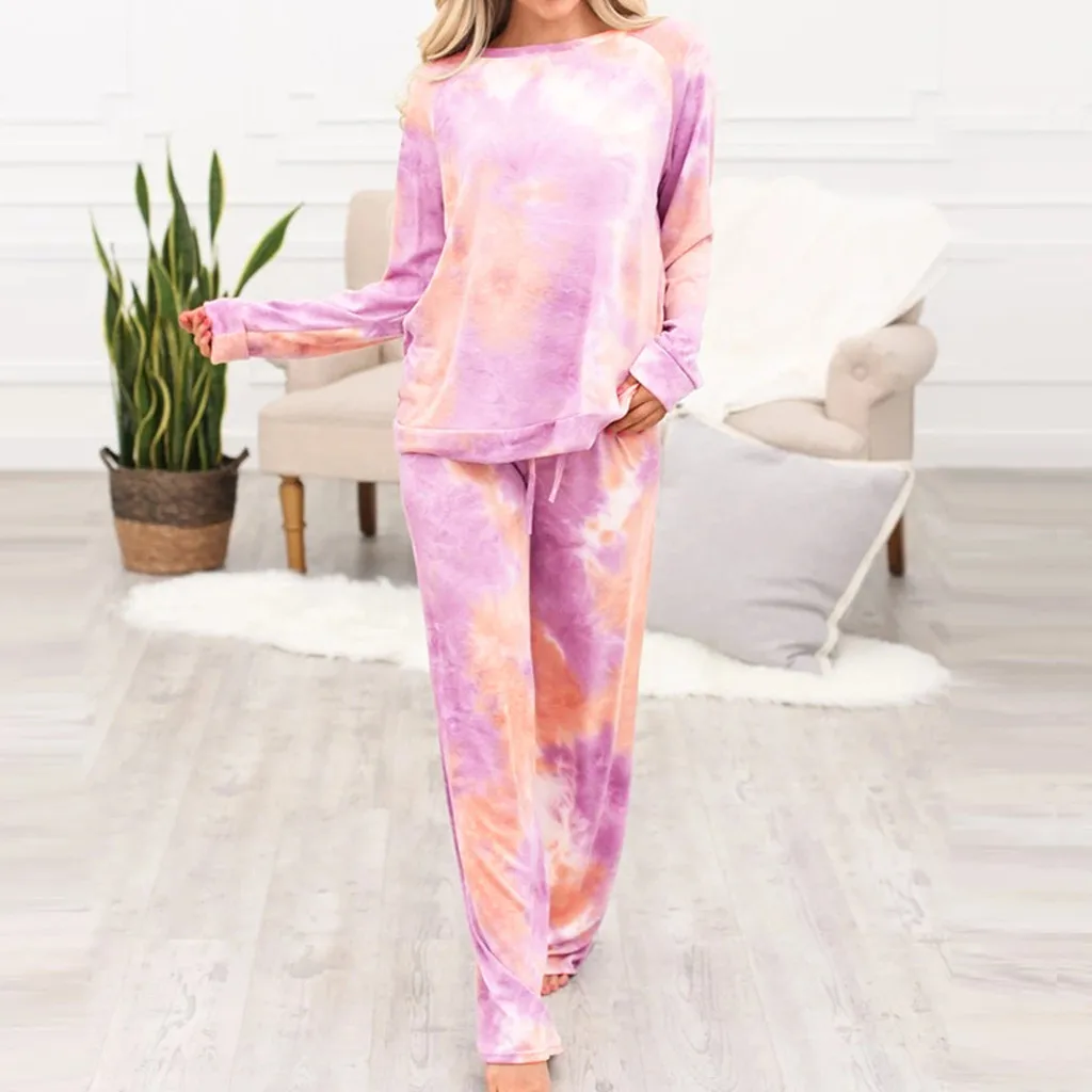 

Women Home Suit Tracksuit Winter 2 Piece Sets Fashion Tie-dye Print Bandage Long Sleeve Sports Tops+Long Pants Female Clothes