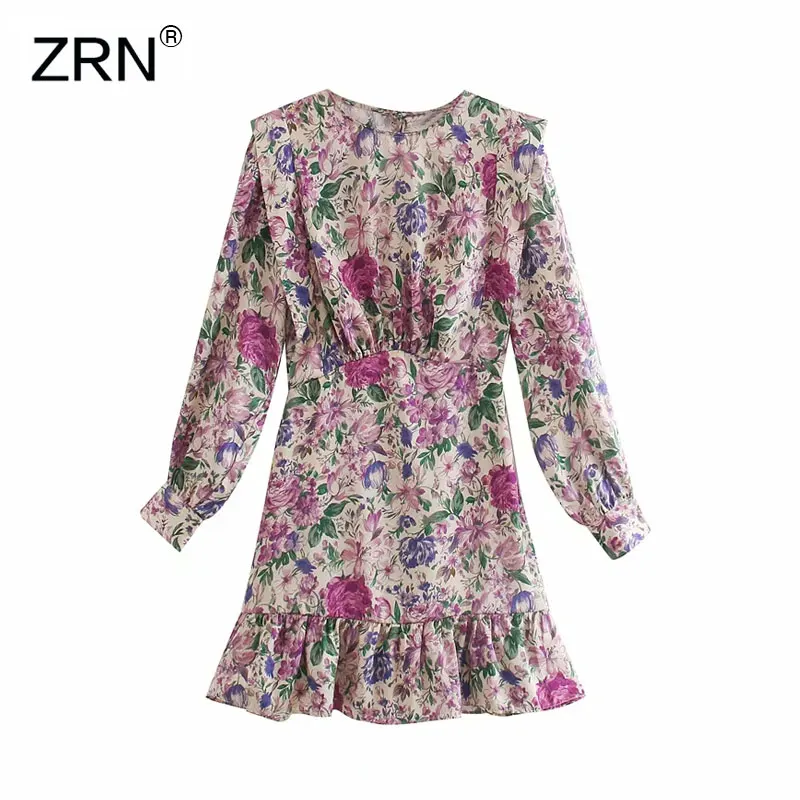 Женское винтажное платье с цветочным принтом ZRN мини круглым вырезом и рукавами