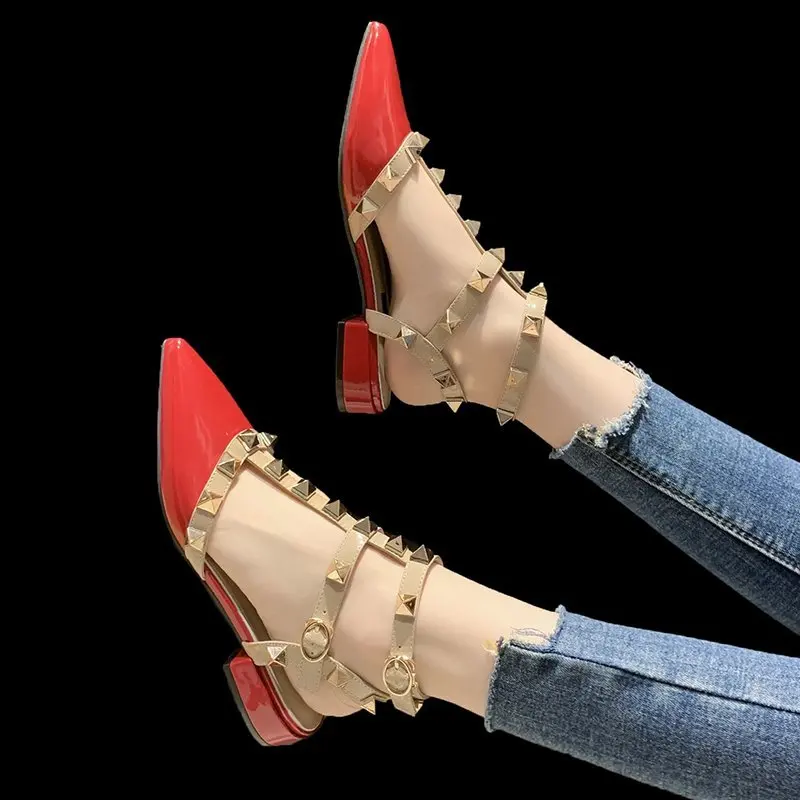

VMTI 2021 Summer New Baotou Low-Heel Sandals Fashion Rivet Buckle Pointed Toe Versatile Shallow Mouth Sandals