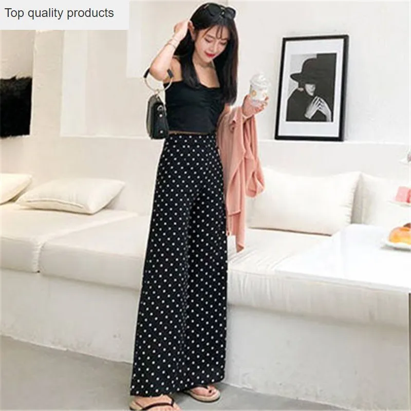 

Wide-leg Pants Women High waist Chiffon Loose wave dot straight Pants Retro Trousers Female pantalon femme C271