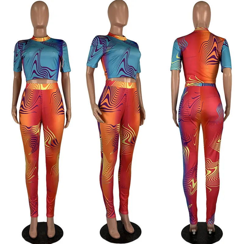 

Colorful Gradient Print Two Piece Set Women Tracksuit Crop Top and Pant Sweat Suits Sexy Birthday 2 Piece Club Outfits Ensemble