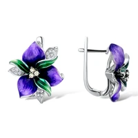delicate women purple enamel flower petal silver clip earrings bohemia wide blossom engagement wedding bridal jewelry earrings