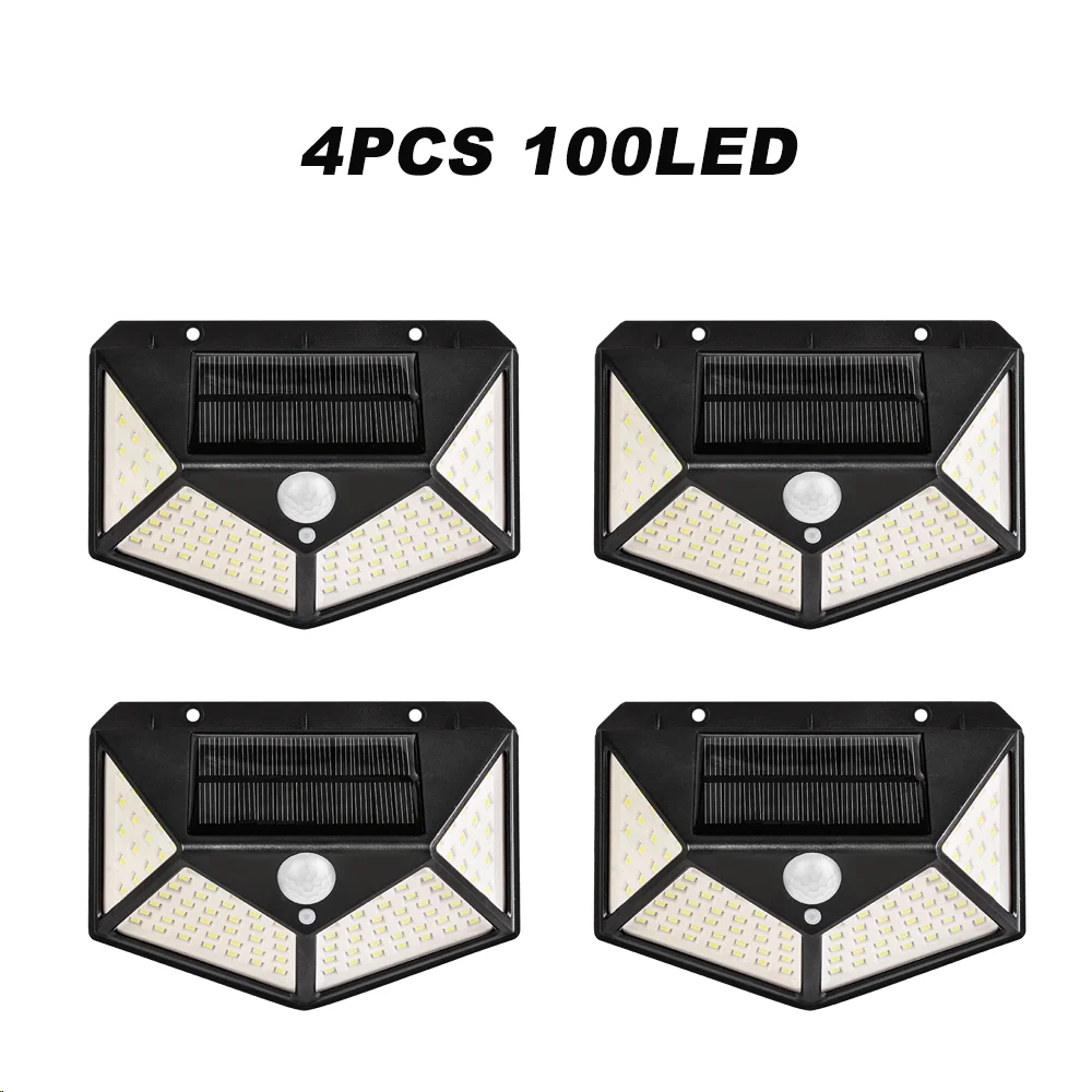 4pcs 100LED 1 100 светодиодный светильник, четырехсторонний солнечный светильник, 3 режима, угол 270 градусов, датчик движения, настенный светильник, наружные водонепроницаемые садовые лампы - Испускаемый цвет: 4pcs 100LED 1