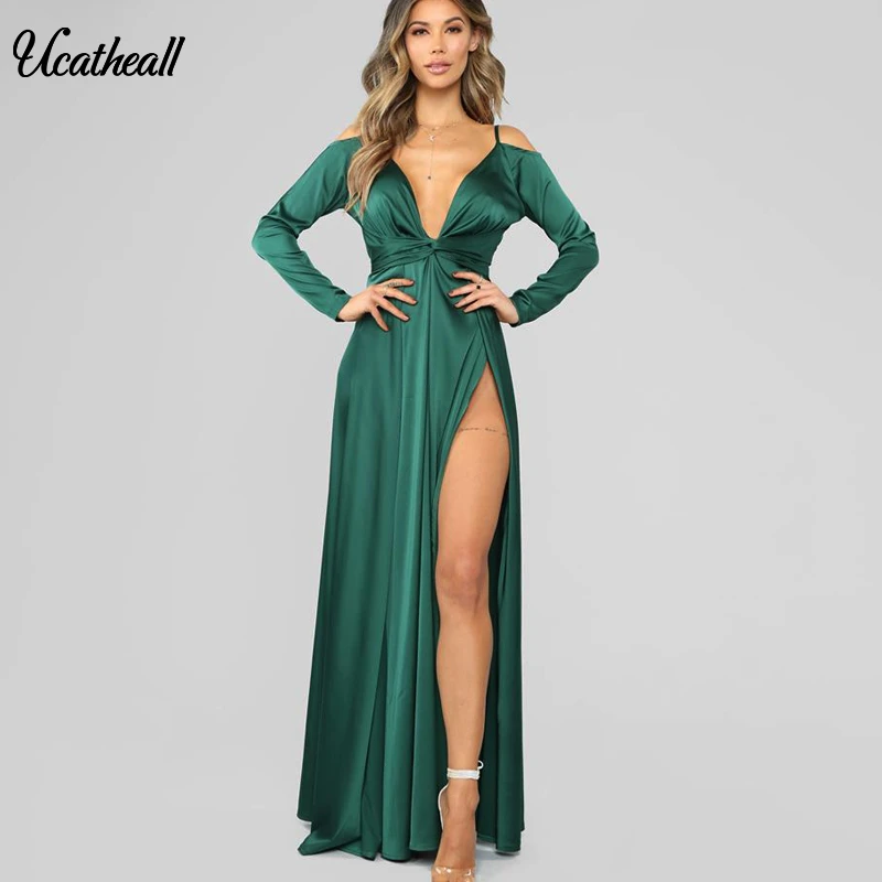Женское Атласное Платье макси с вырезом глубоким v образным и открытой спиной