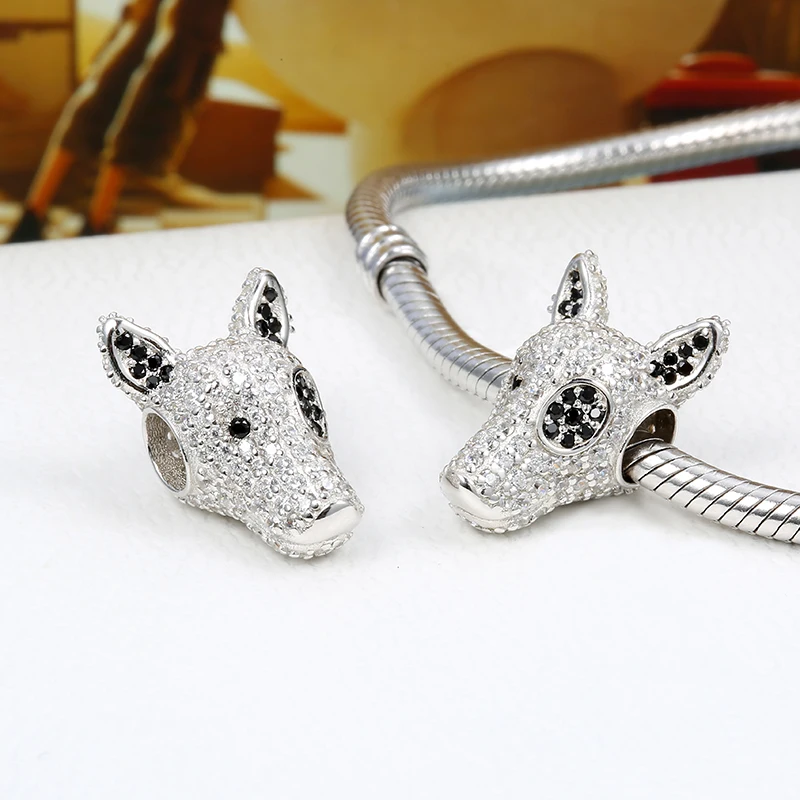 Бусина-Шарм Собака из серебра 100% пробы с прозрачным кубическим цирконием |