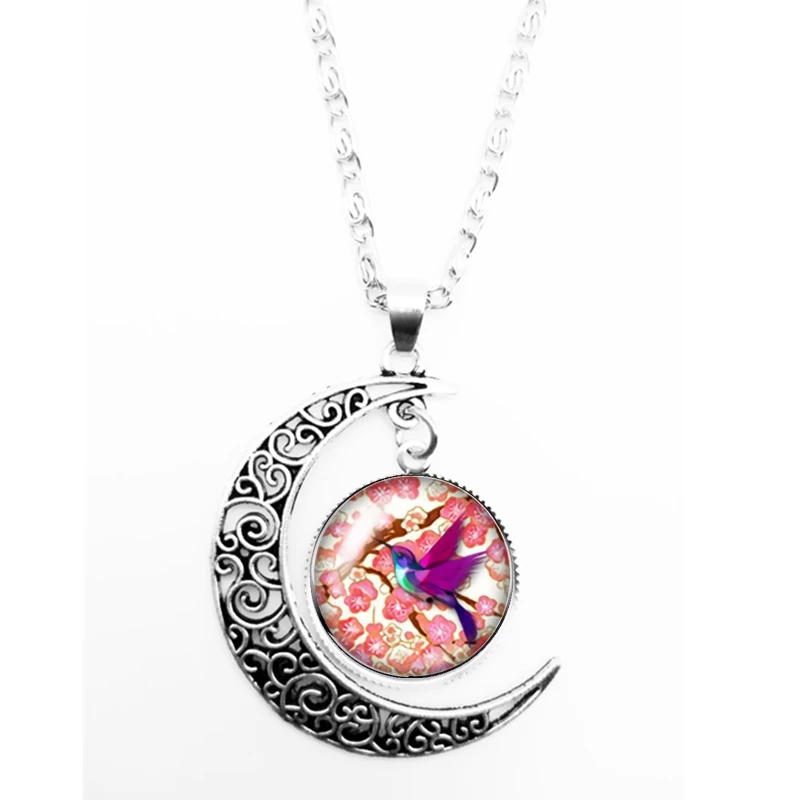 2020 New Cartoon Cute Bird and Flower Pattern Series Glass Cabochon Pendant Moon Necklace Girl Jewelry Gift | Украшения и