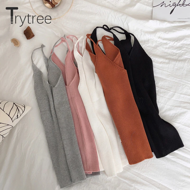 Trytree весенние сексуальные майки Женский Топ жилет с v образным вырезом вязаные