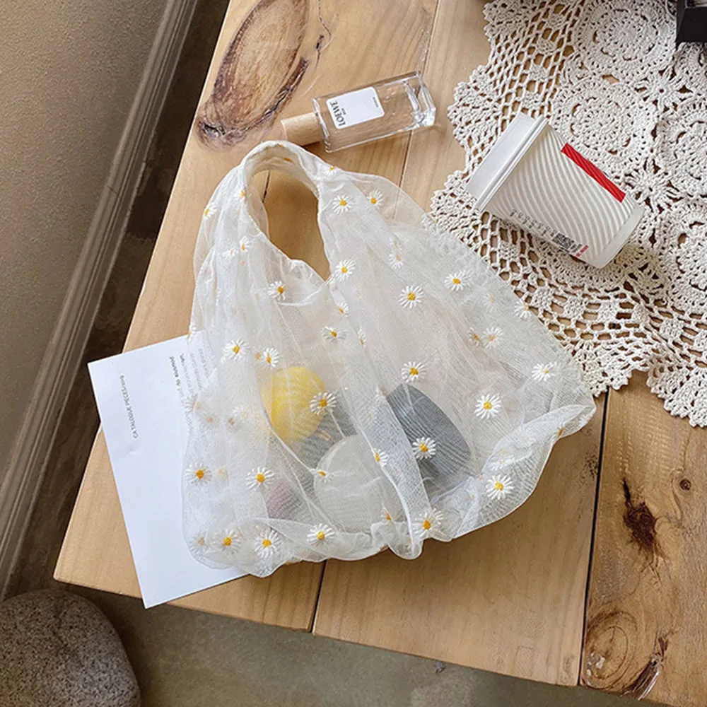 

Women Organza Small Tote Mesh Cloth Bag Daisy Embroidery Handbag Cute Flower Fruit Bag Purse Shopping Bag