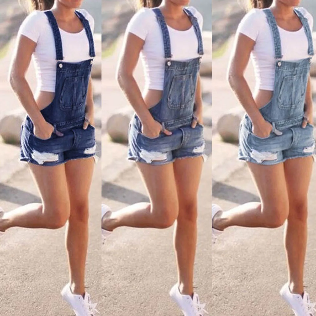 Short Denim Overalls Women Hole Jumpsuit High Waist Casual Jeans Playsuit Washed Salopette Straps 2020 Summer Romper | Женская одежда