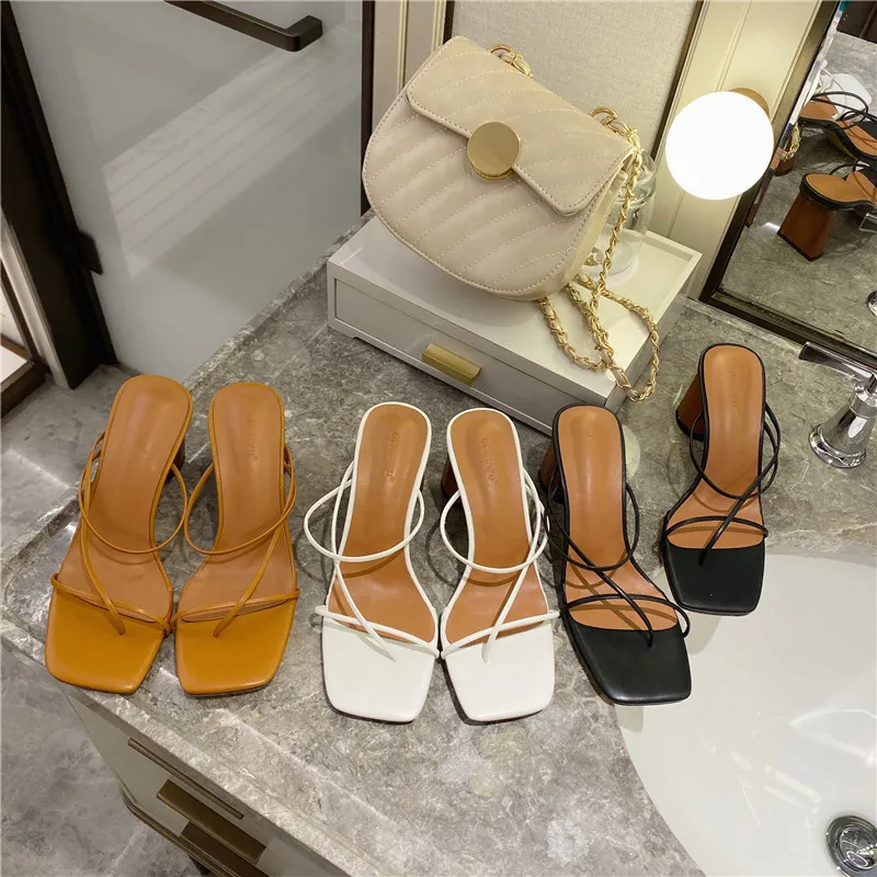 

2020 Brand Summer Women Slipper Low Heel Slides Female Peep Toe Square Heel Sandal Vacation Flip Flops mujer Shoes