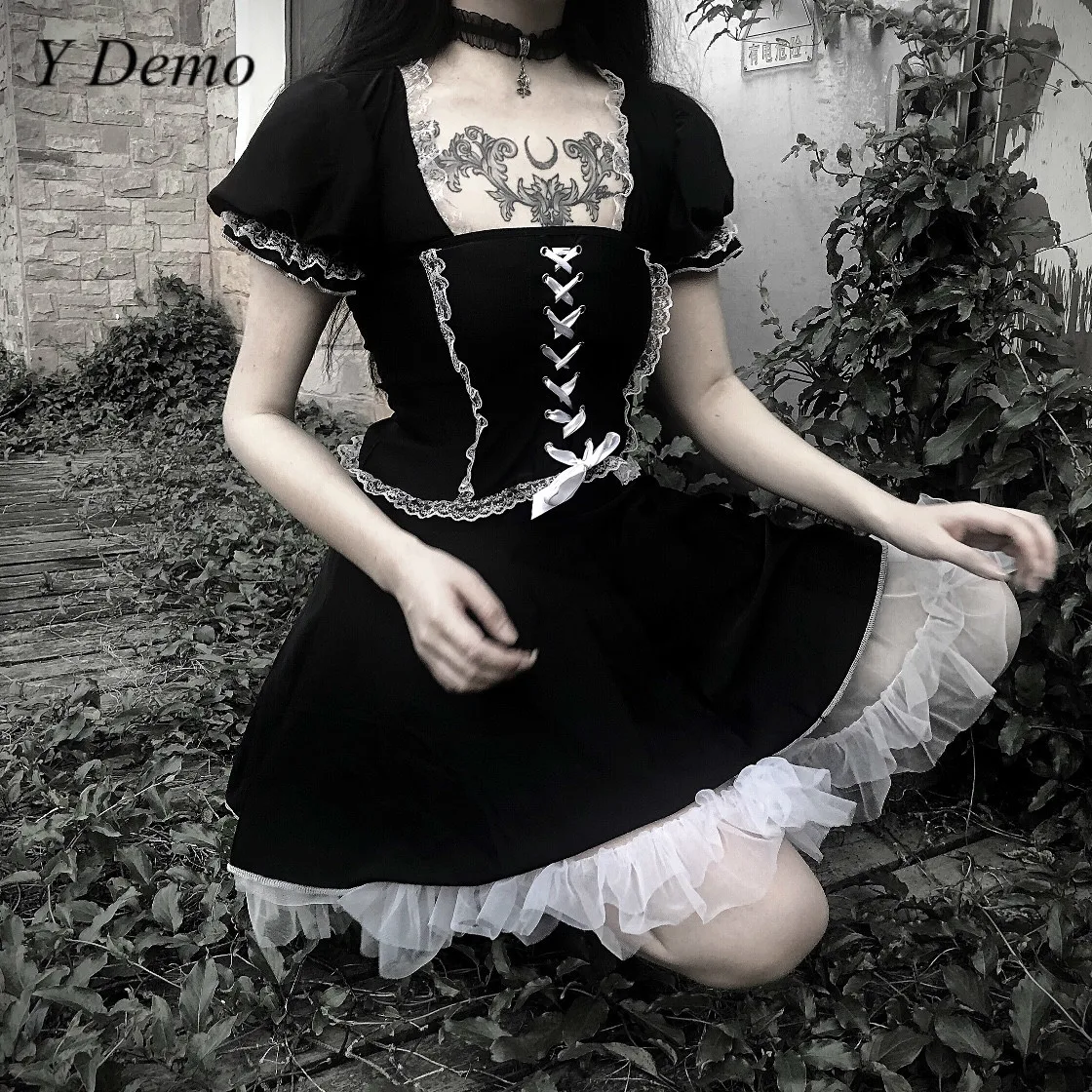 Готическое Сексуальное Женское Платье на шнуровке черные кружевные вечерние