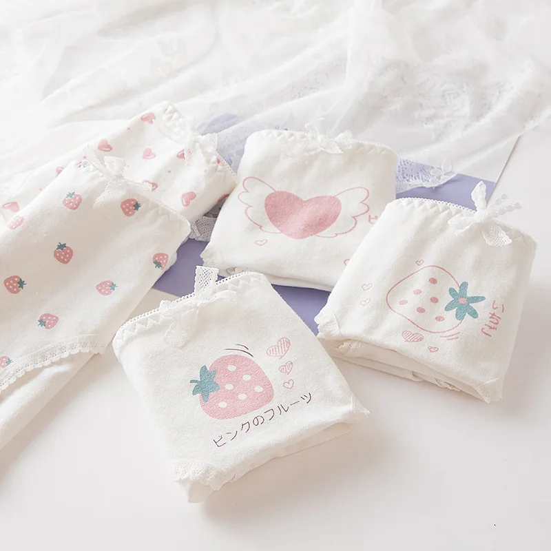 

3Pcs Cute Briefs For Women Panties Heart Strawberry Girls Lingerie Cotton Underwear BowKnot Underpants Intimates Size M-XXL