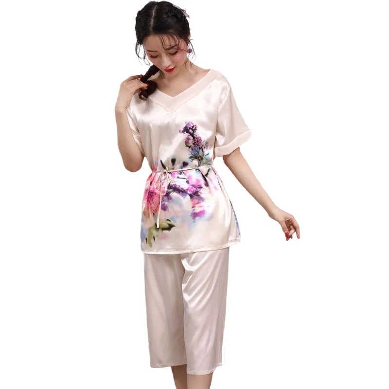 Casual Short Sleeve Nightwear 2-piece Suit Silk Plus Size Style Peacock Women's Pajamas Sets Home Wear Sleepwear Summer