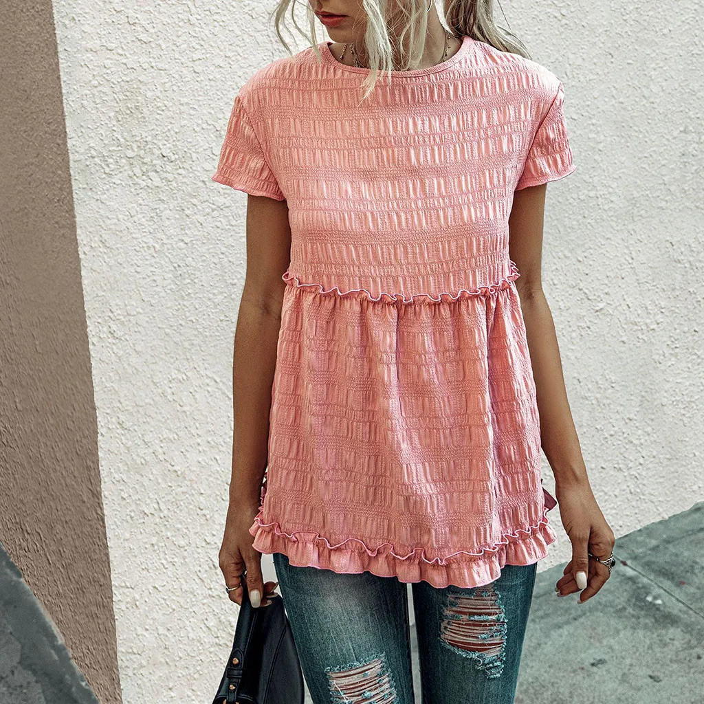 Блузка Feitong женская с круглым вырезом Повседневная рубашка оборками и короткими