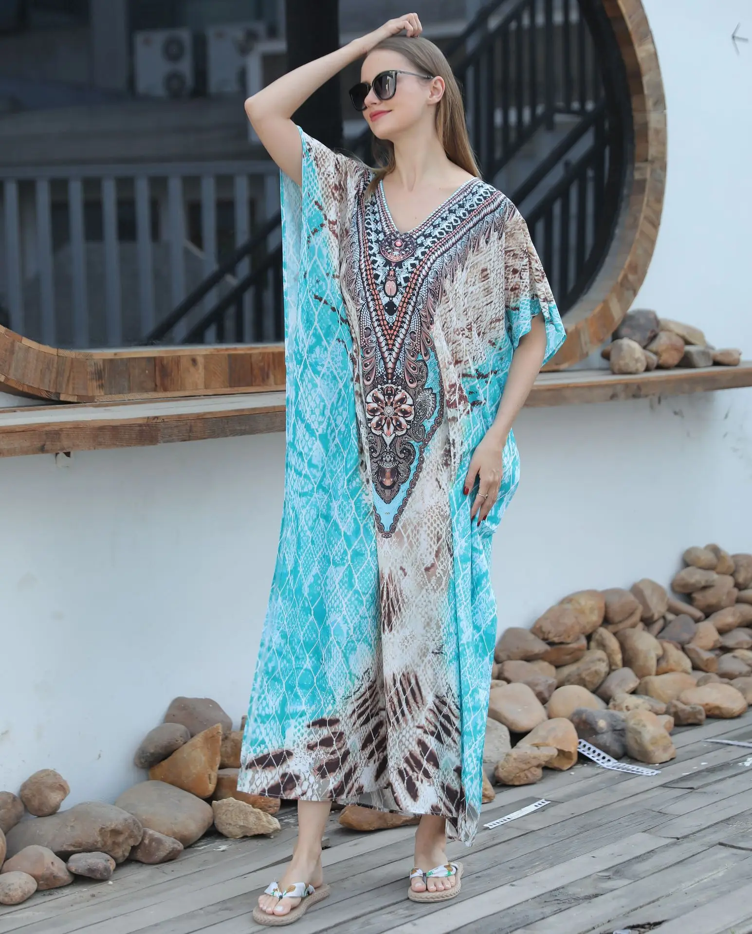 

Women Bathing Suit Round Neck Batwing Sleeve Loose Summer Beach Dress Cover Up Ethnic Print Kaftan Beach Maxi Dresses Beachwear